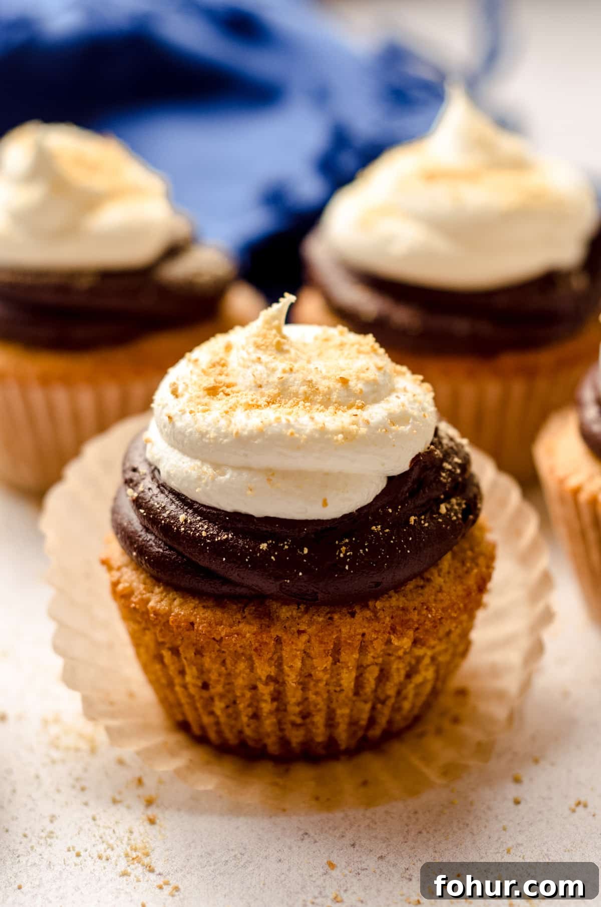 Decadent S'mores Cupcakes with Toasted Marshmallow Frosting 10 s'mores cupcake with the wrapper removed