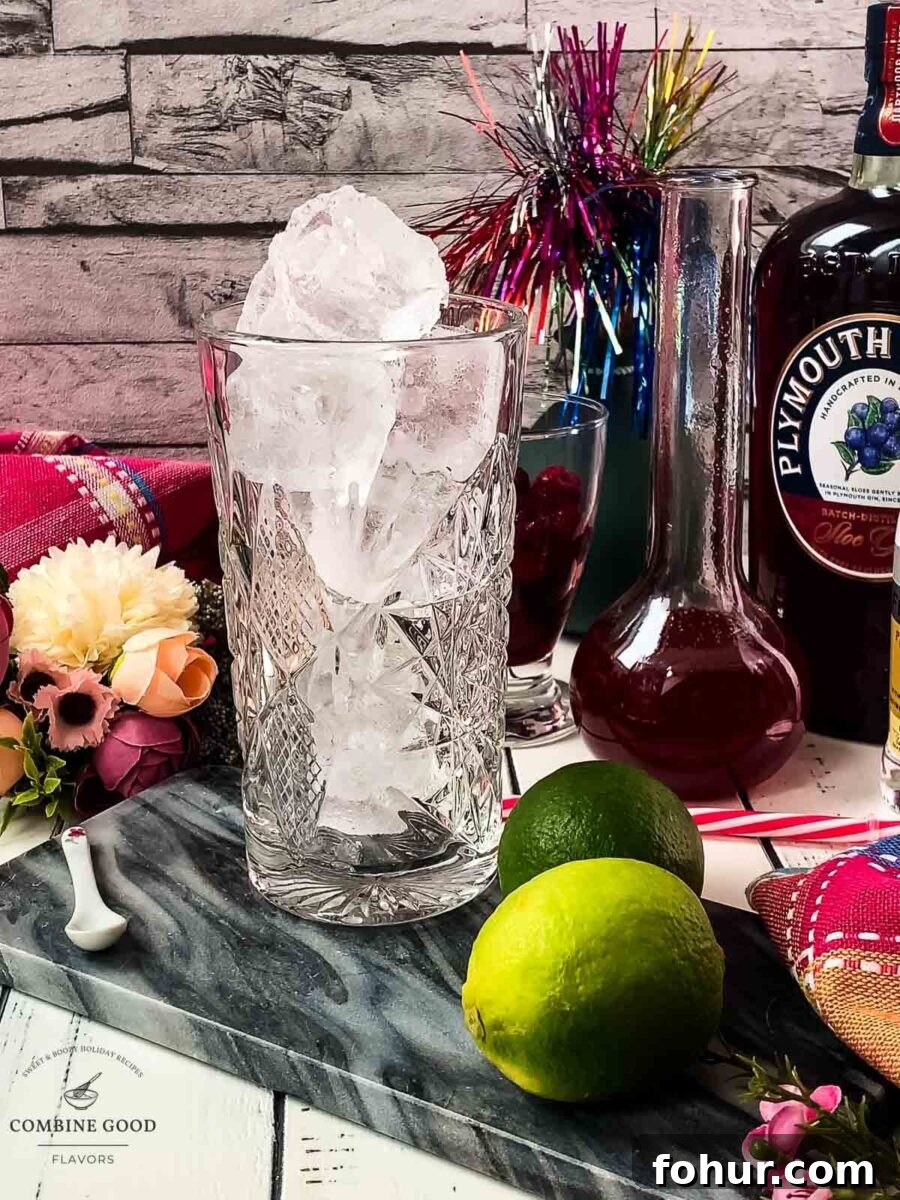 Raspberry Gin and Tonic Cocktail Recipe 4 Highball glass filled with cubed ice.