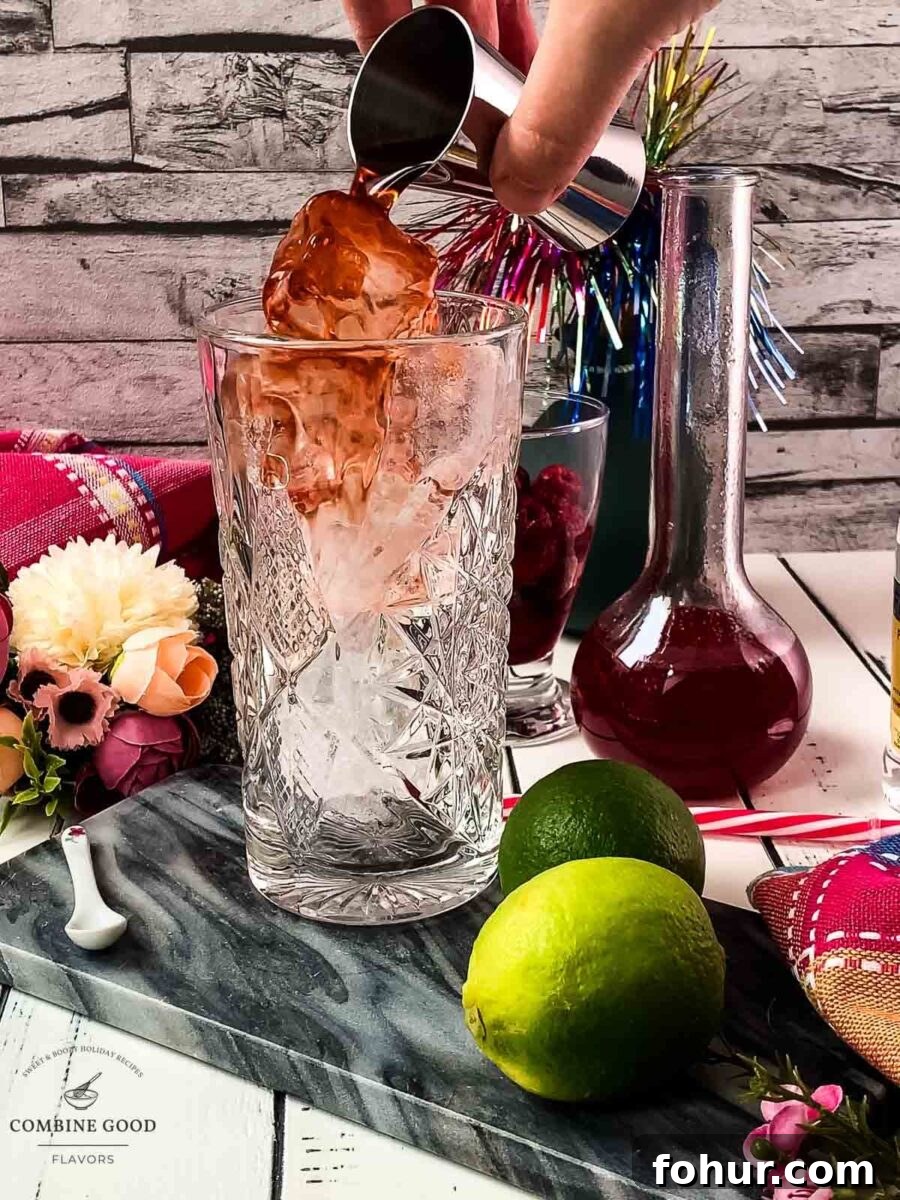 Raspberry Gin and Tonic Cocktail Recipe 5 Pouring sloe gin over ice into a highball glass.