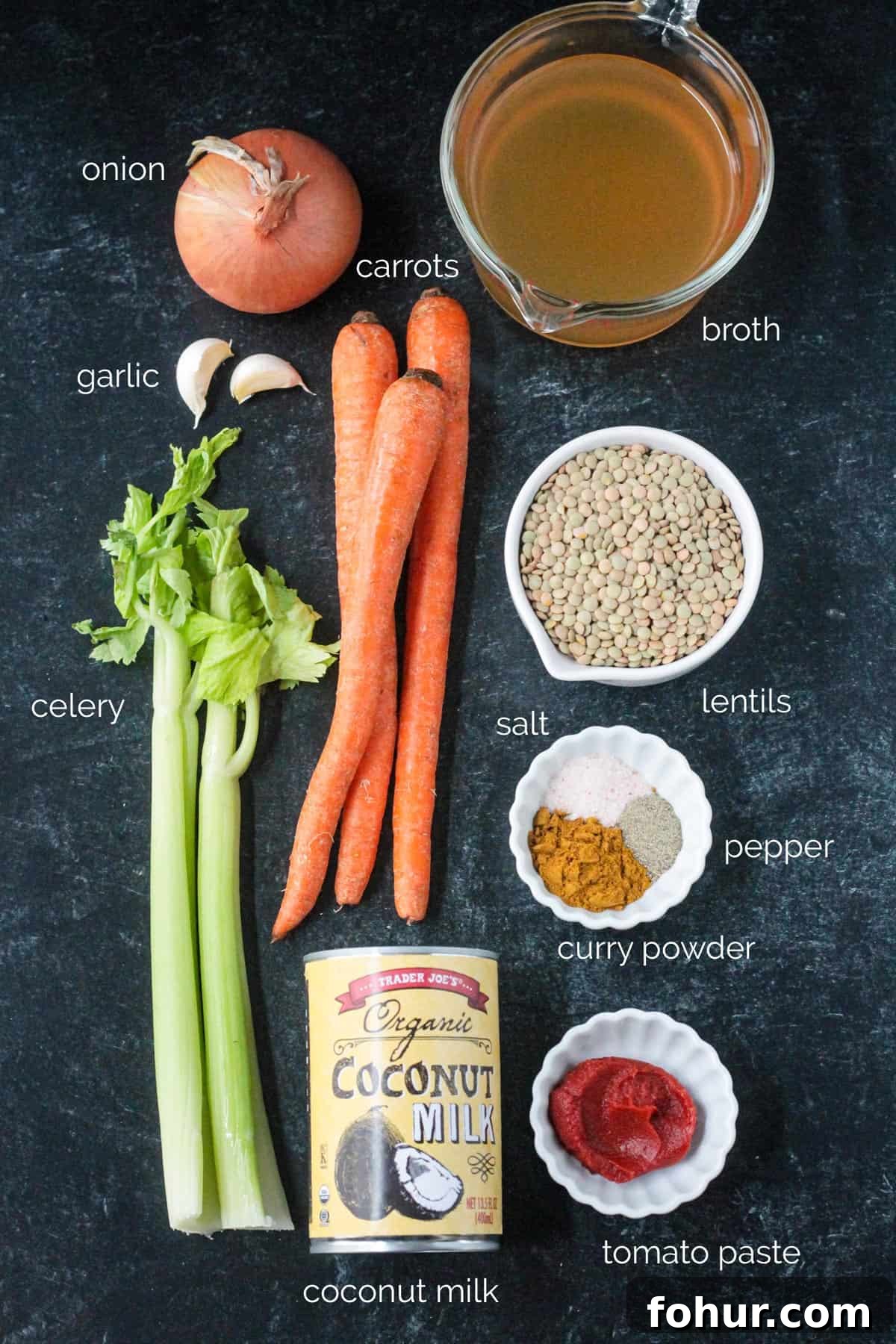 Curried Carrot and Lentil Soup Recipe 3 Recipe ingredients arrayed in individual bowls.