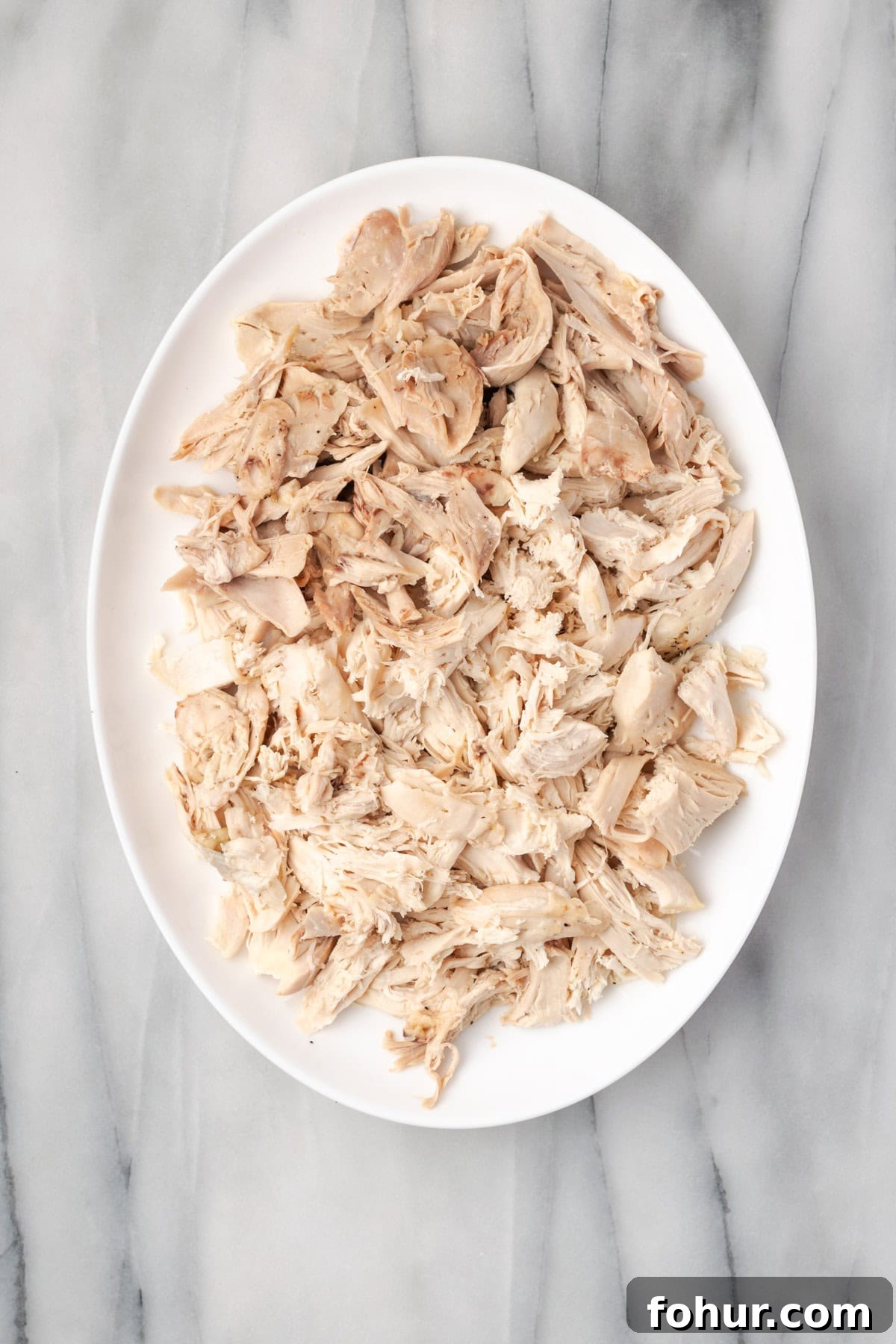 Pulled chicken on a large platter.
