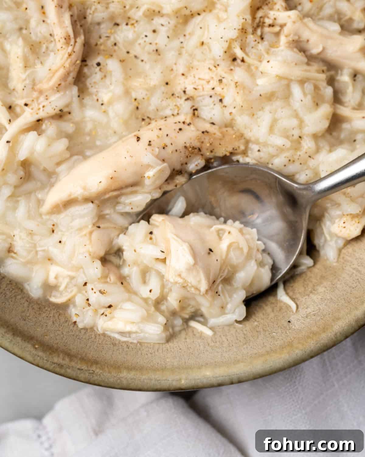 A spoon scooping up a bite of chicken and rice from a serving bowl.