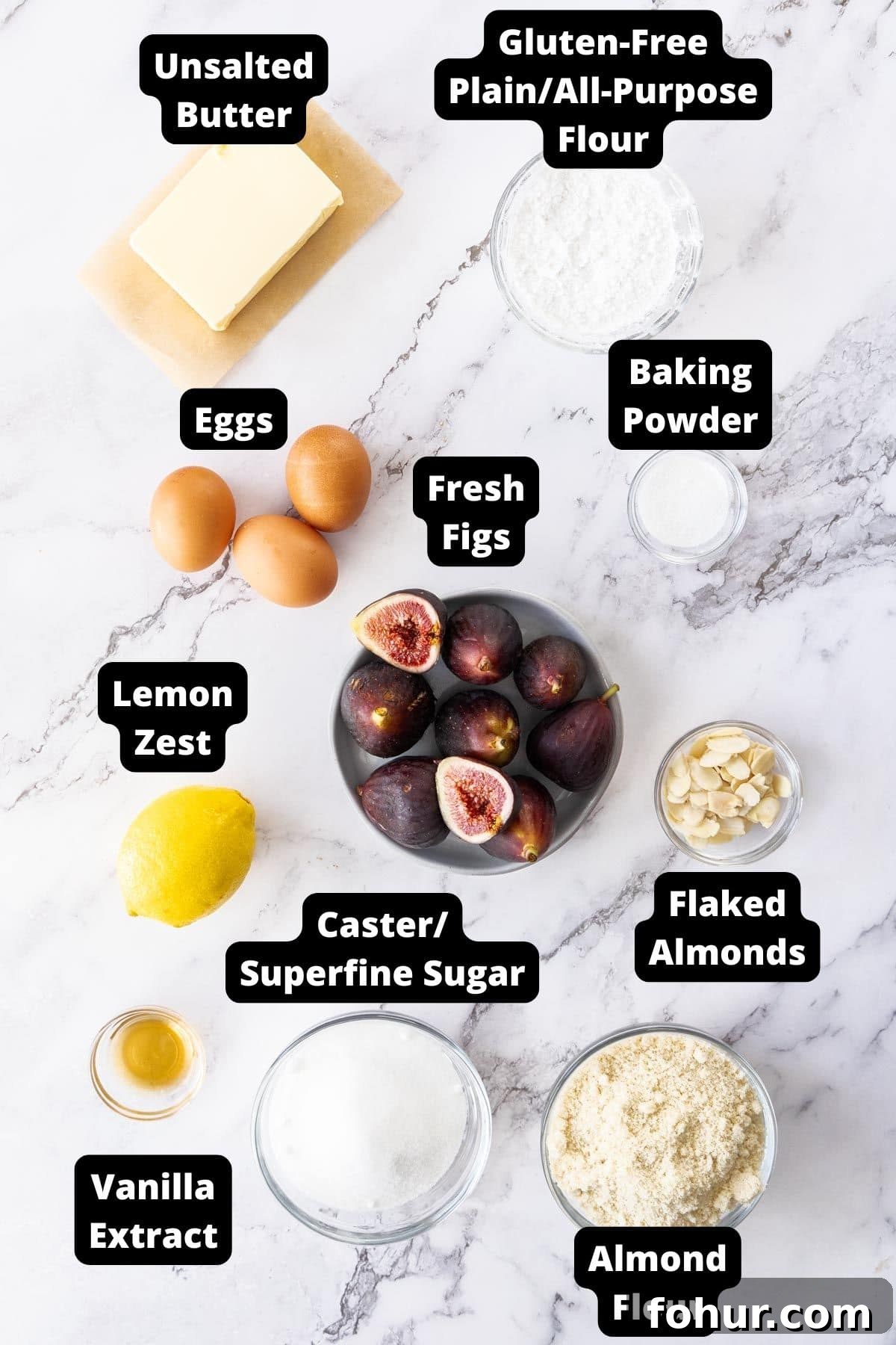 Ingredients in this recipe on a white marble background.