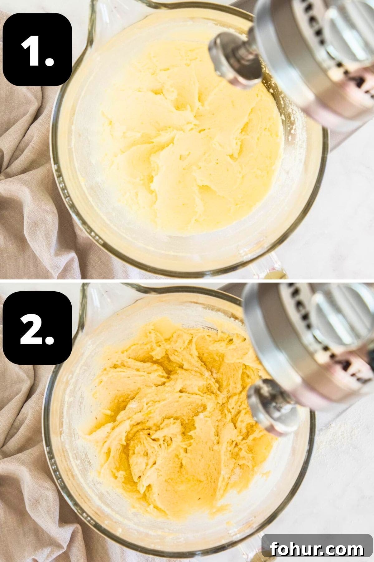 Steps 1-2 of preparing this recipe: creaming the butter and sugar in a mixer and the mixture with the dry ingredients added.