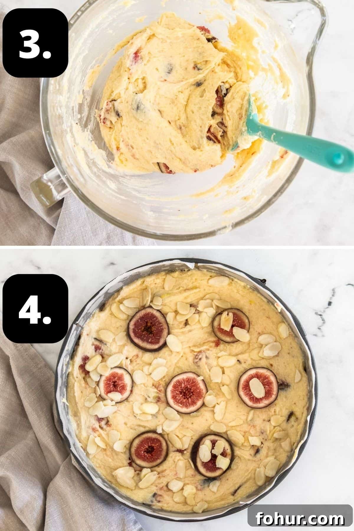 Steps 3-4 of preparing this recipe: folding cut figs into the batter and the batter in the tin, topped with figs and almonds.