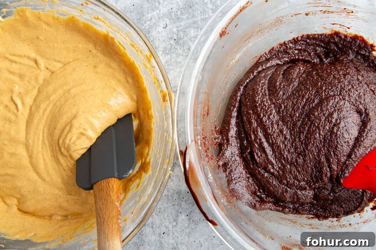 Fudgy Pumpkin Cheesecake Swirl Brownies Recipe 3 cheesecake filling and brownie batter in two separate glass bowls with spatulas