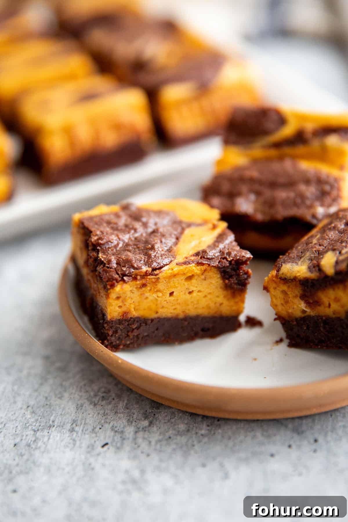 Fudgy Pumpkin Cheesecake Swirl Brownies Recipe 10 a close up photo of pumpkin cheesecake brownies on a pan