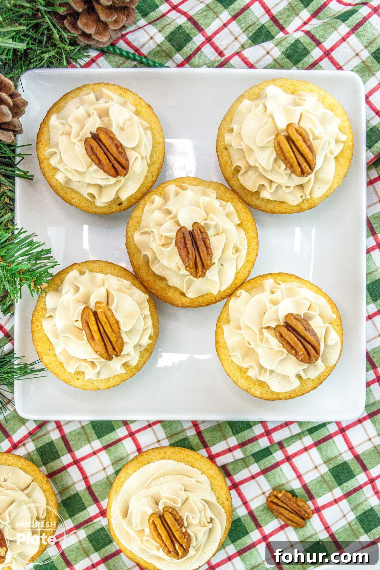 Pecan Pie Cupcakes Recipe 14 Overhead shot of pecan pie cupcakes on a plate
