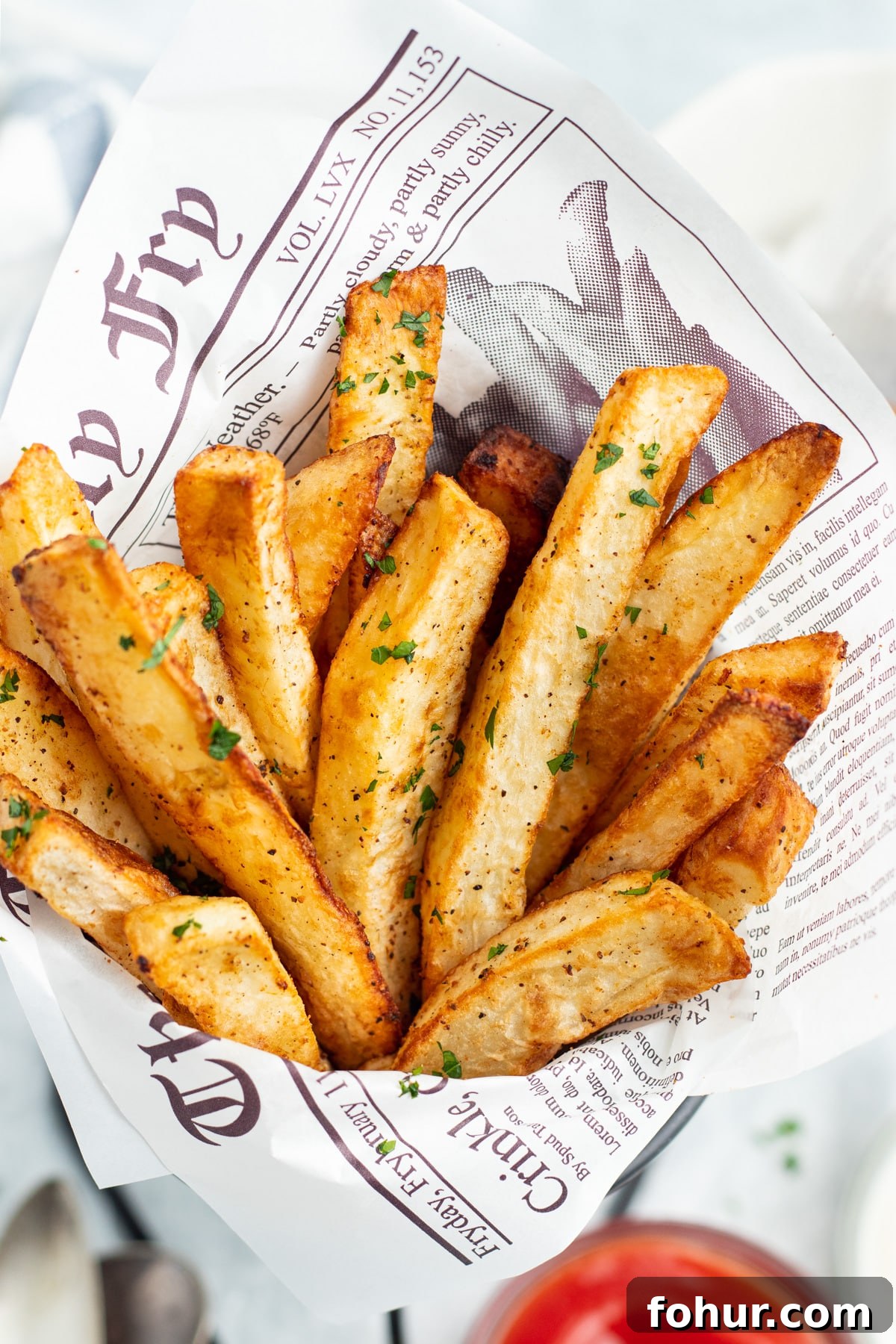 Crispy Air Fryer Steak Fries Recipe 2 Close up view of cooked air fryer steak fries.
