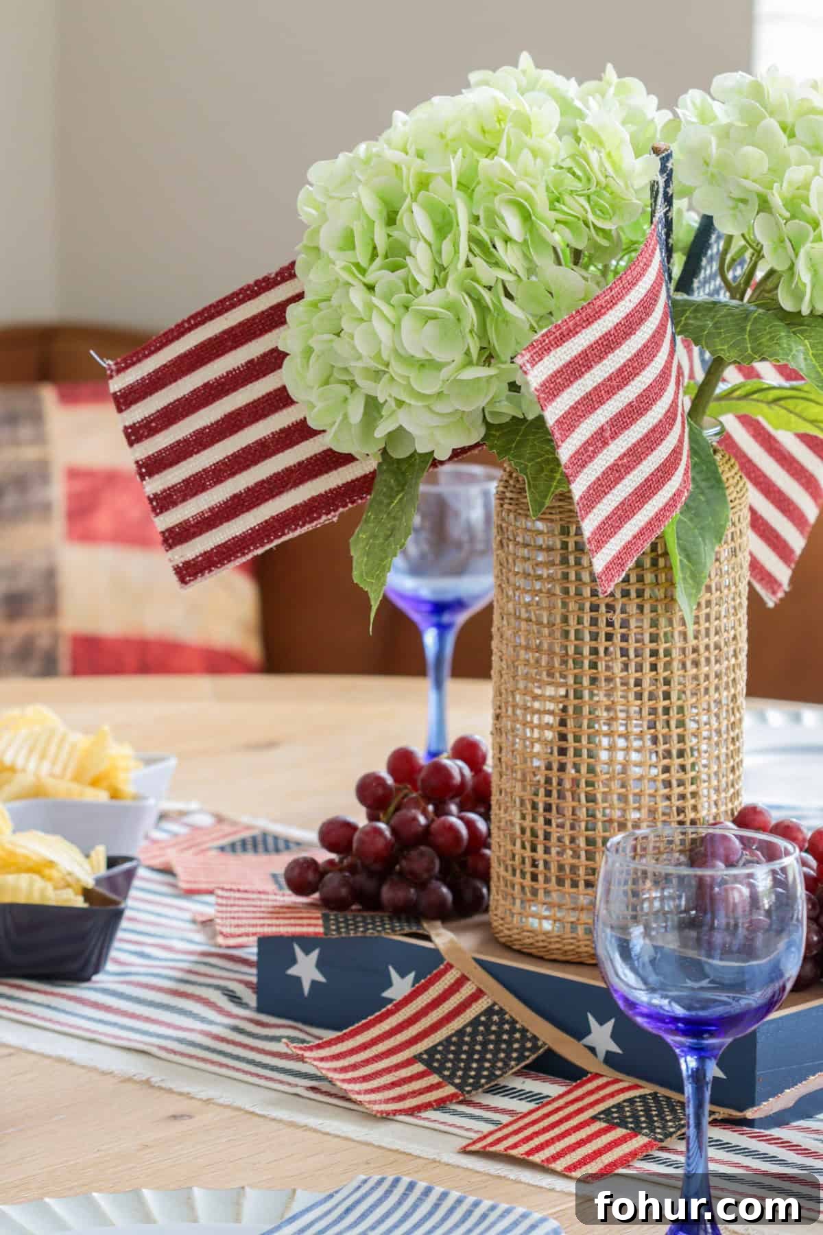 4th of July Tablescape Ideas for Festive Patriotic Decor 16 Hydrangea centerpiece with American flags on table.