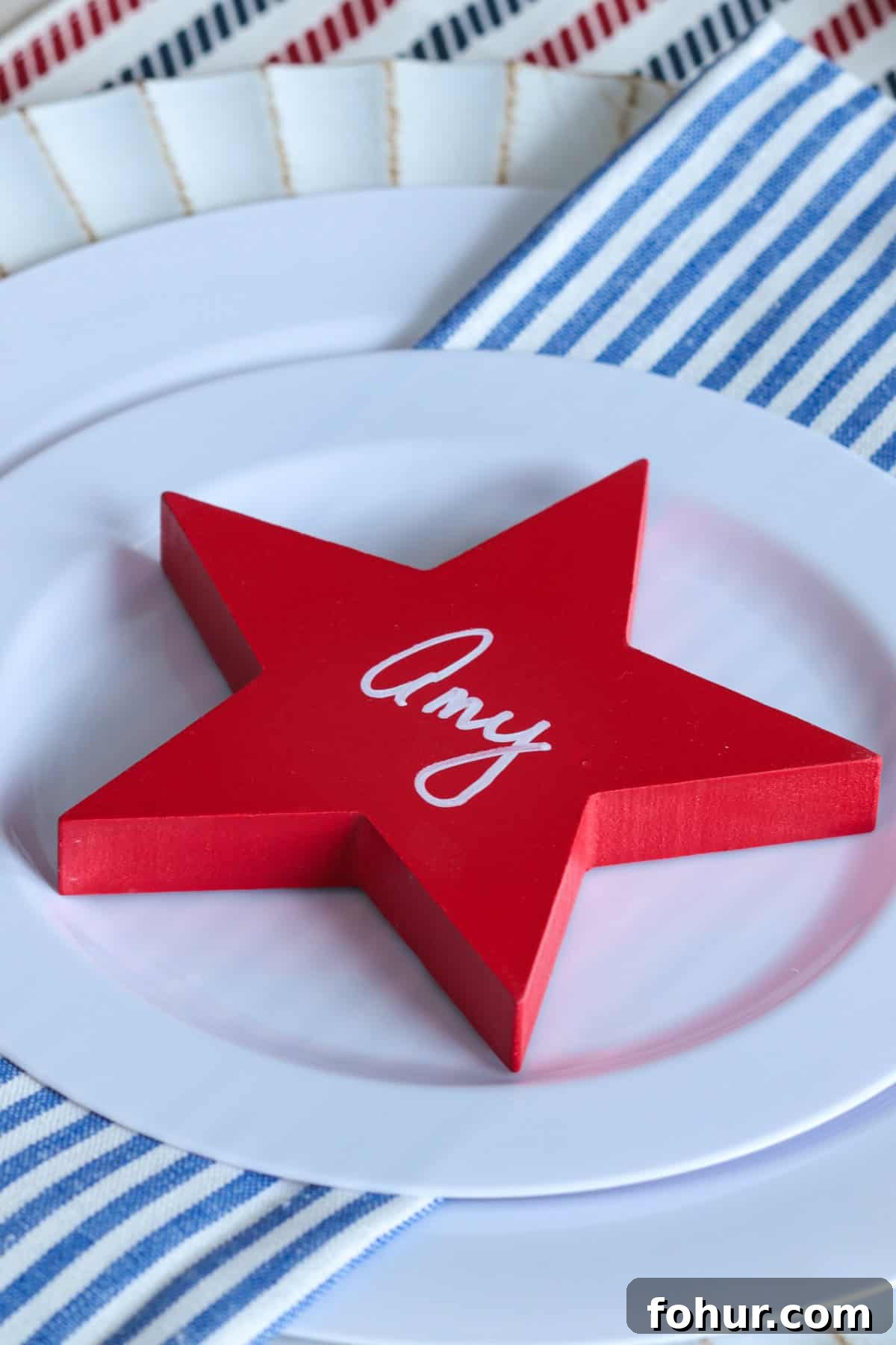 4th of July Tablescape Ideas for Festive Patriotic Decor 10 Close up of name on place setting.