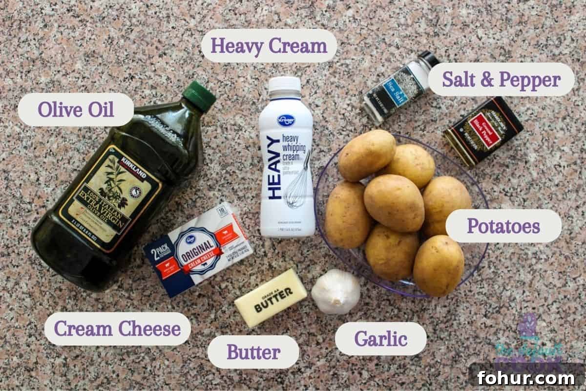 Creamy Garlic Mashed Potatoes Made in an Air Fryer 3 Ingredients on kitchen counter, labeled.