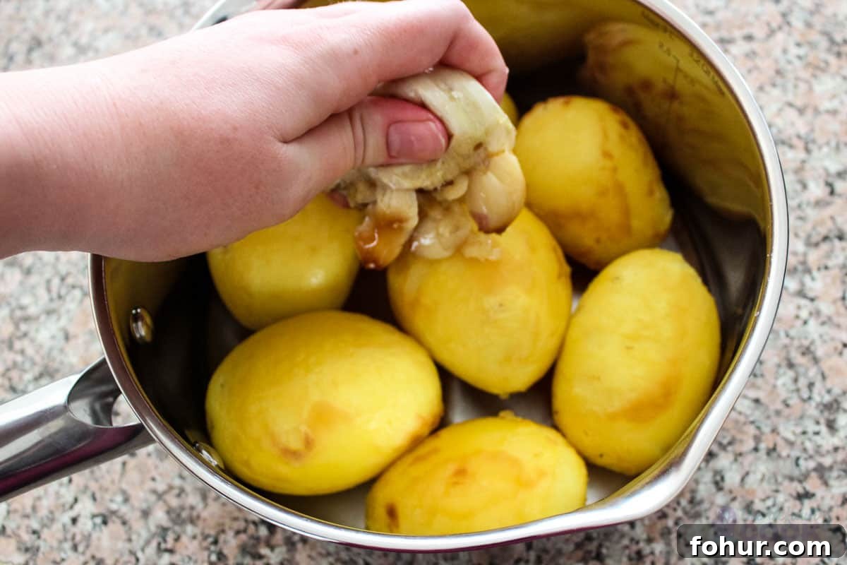Creamy Garlic Mashed Potatoes Made in an Air Fryer 6 Hand squeezing the roasted garlic out of the casing and into the pan.