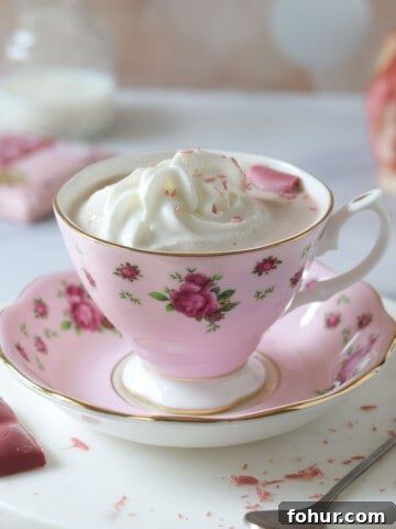 Tender Cranberry Orange Cream Scones Recipe 8 Ruby hot chocolate in a pink floral cup with whipped cream on top.
