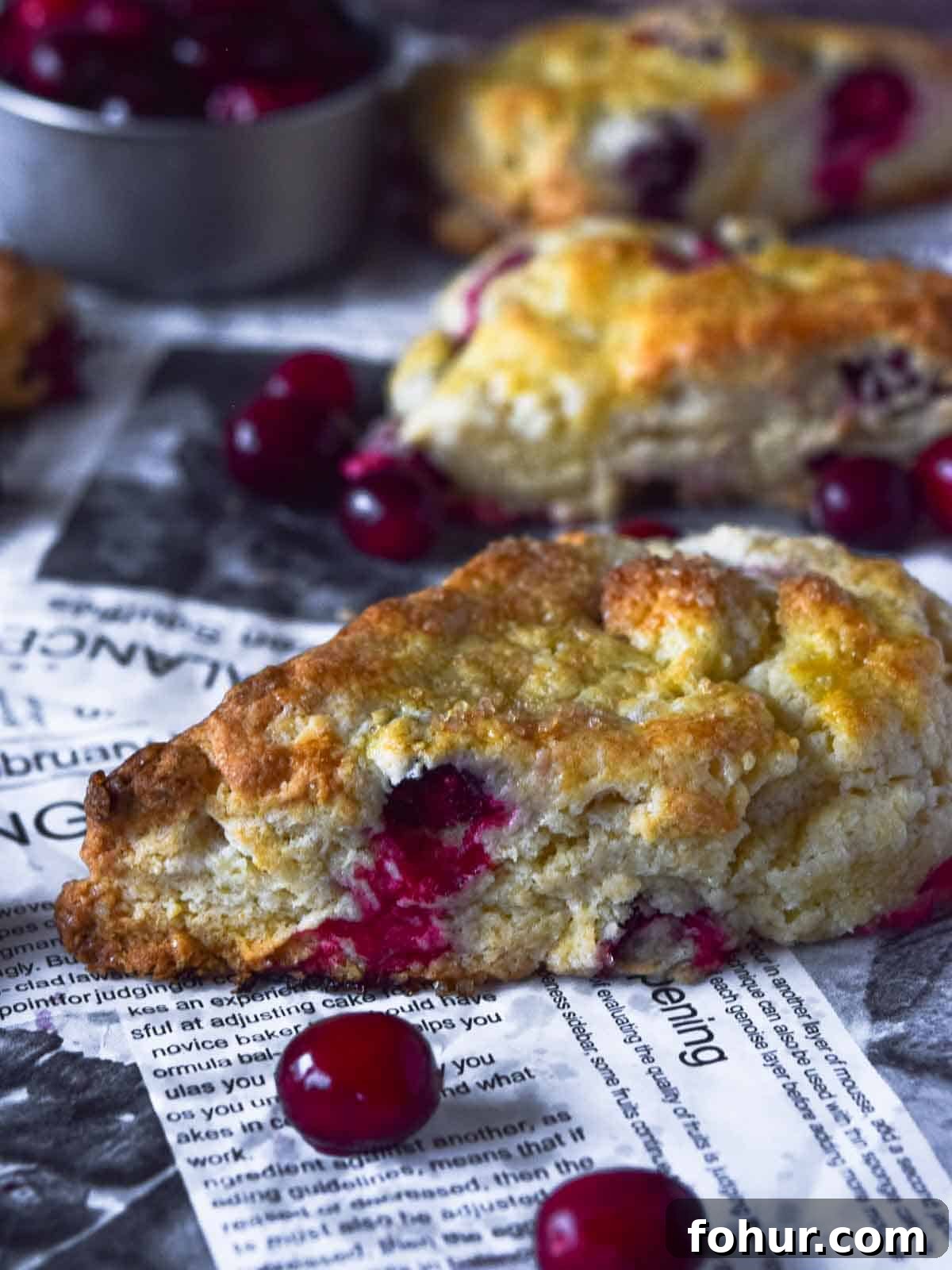 Tender Cranberry Orange Cream Scones Recipe 3 Close up view of cranberry orange scones on parchment paper with scattered cranberries.