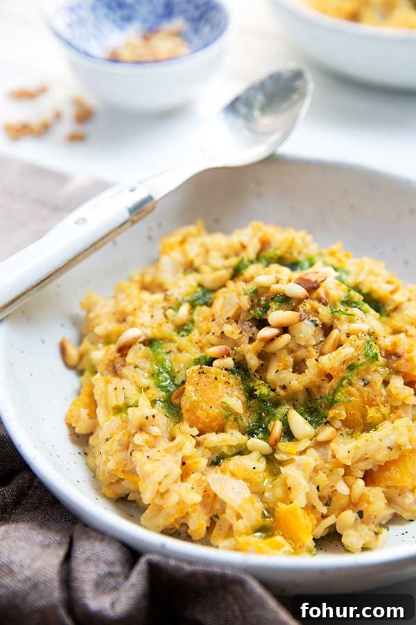 Closeup of Butternut and Goat Cheese Risotto in a white bowl
