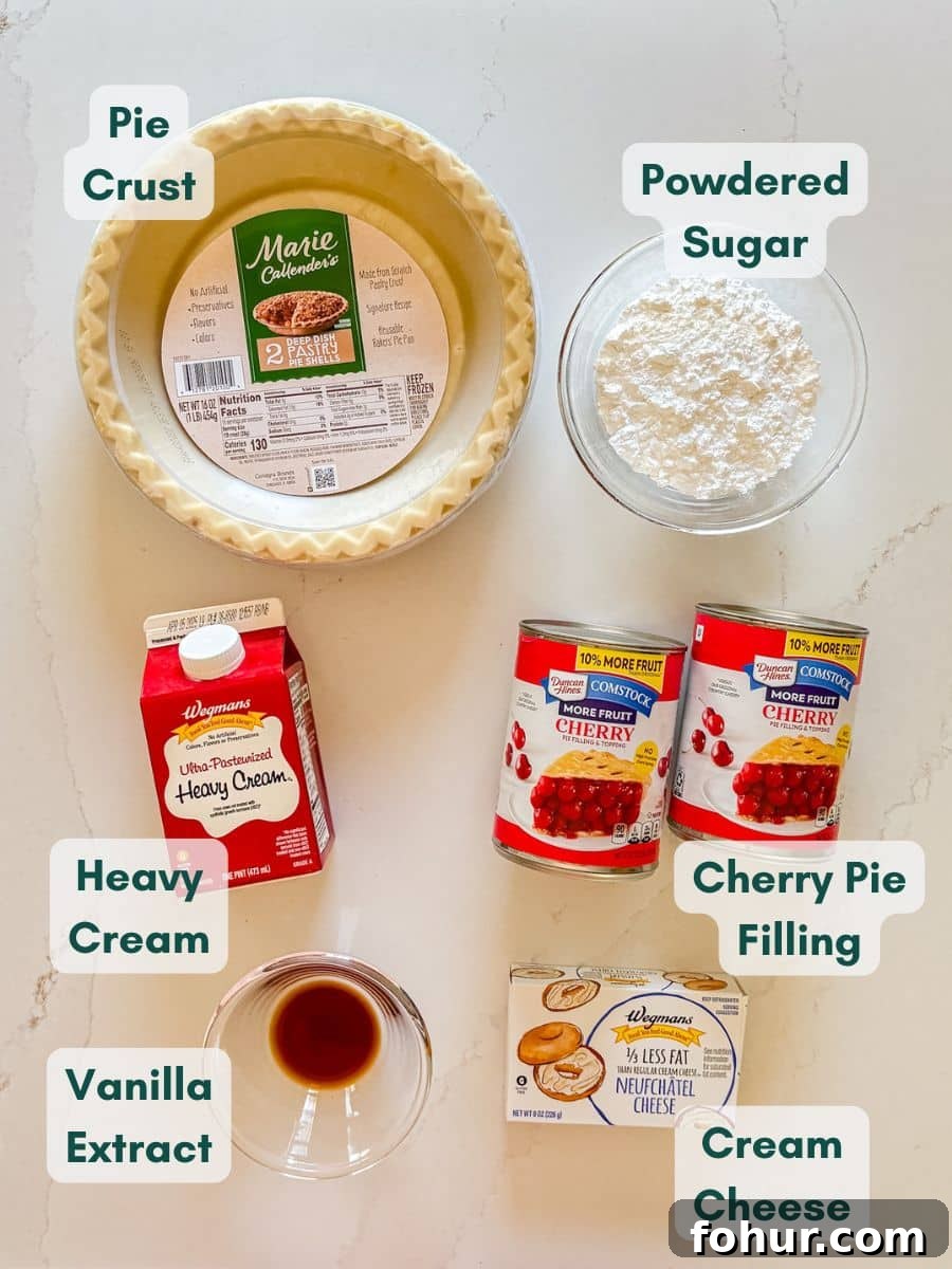 Cherry Cream Cheese Pie Recipe 4 An overhead image of labeled recipe ingredients.