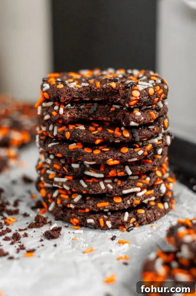 Spooky Gluten-Free Halloween Cookies with Dairy-Free Option 2 Dark black chocolate cookies covered in halloween inspired sprinkles.