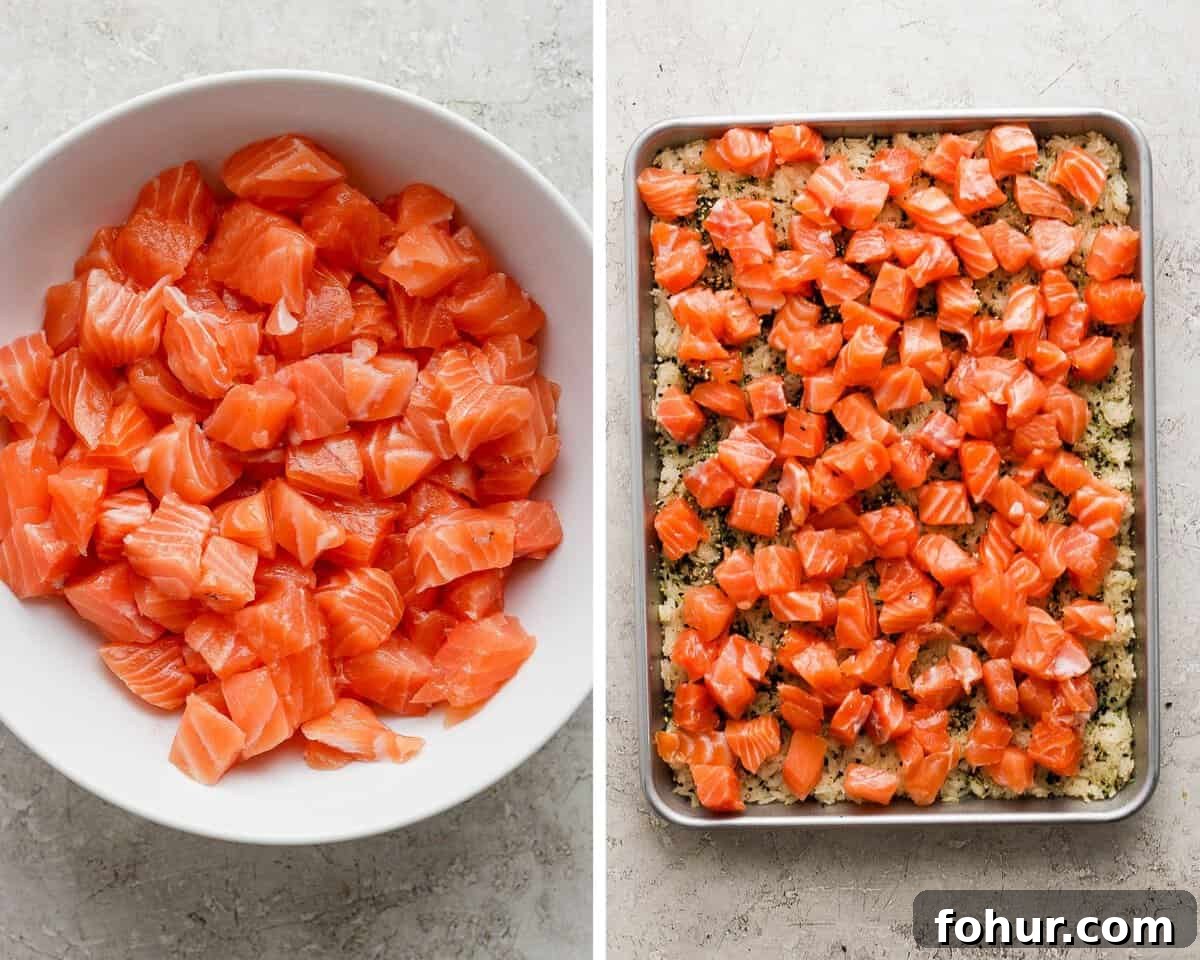 Sushi Bake Recipe: Creamy Baked Sushi Casserole 5 Two images showing a bowl of salmon cubes and then the salmon spread on the baked rice.
