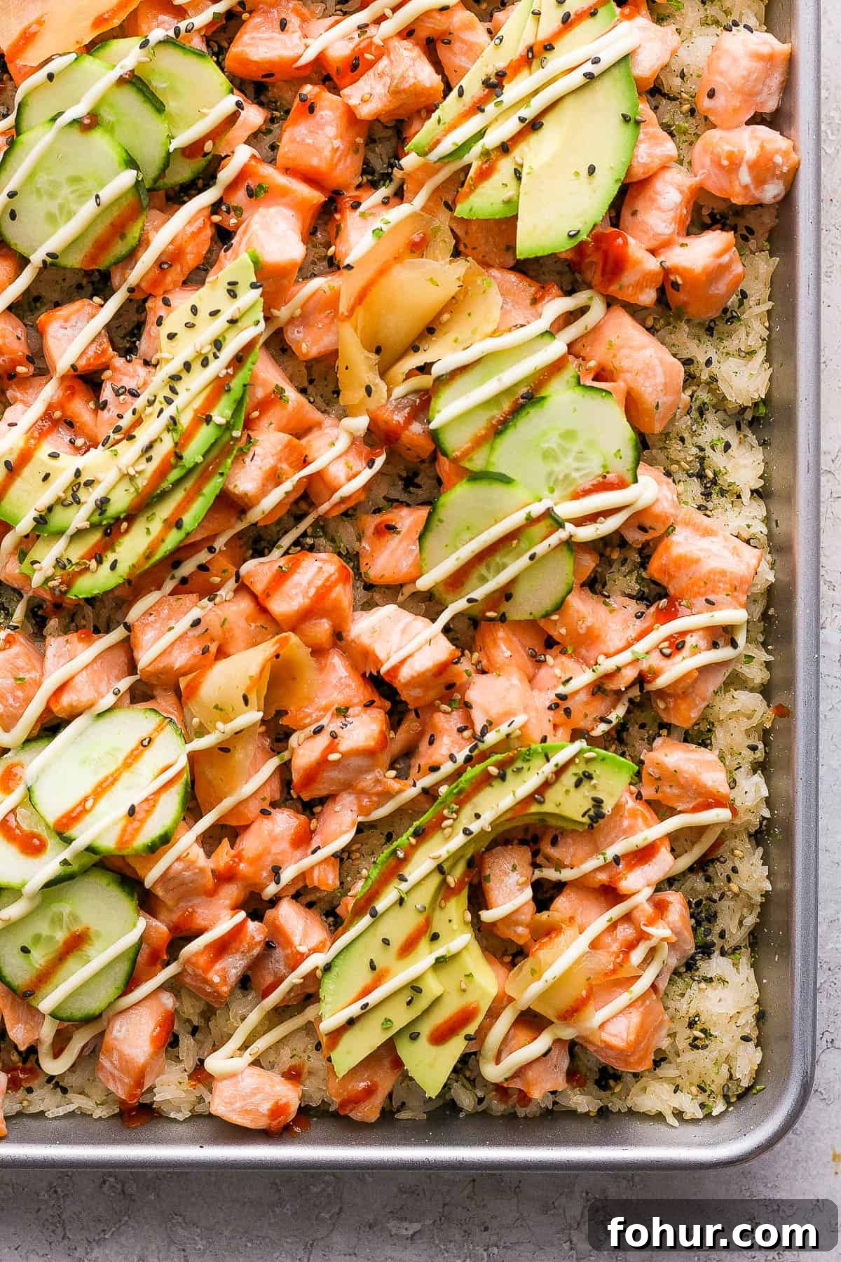 Sushi Bake Recipe: Creamy Baked Sushi Casserole 6 The sushi bake after baking the salmon and adding the toppings.