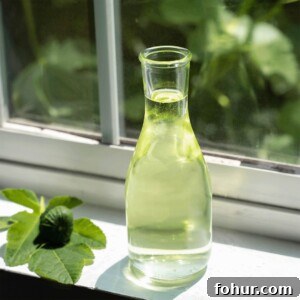 A glass jar full of fig leaf syrup