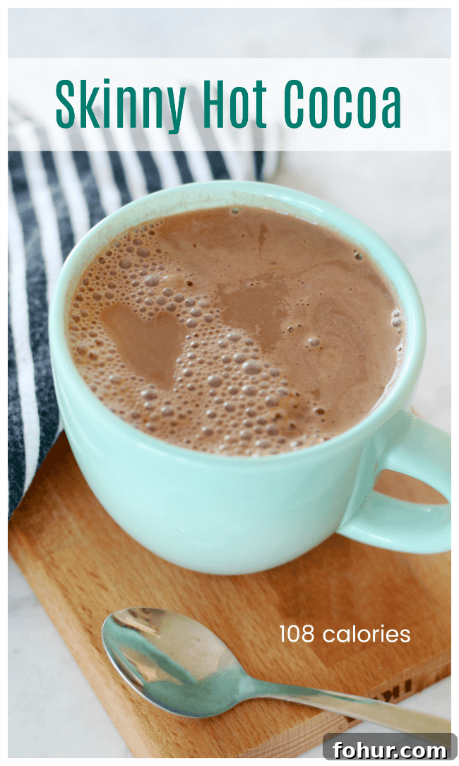 With only 108 calories, this rich and creamy skinny hot cocoa recipe is the perfect way to satisfy your chocolate cravings! Can be made dairy-free or using skim milk. Heat in the microwave or stove top. skinny cocoa in mug