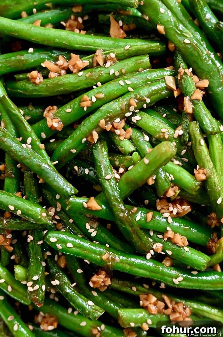 Stir-Fried Chinese Garlic Green Beans 5 A close-up view of copycat Din Tai Fung Chinese Garlic Green Beans