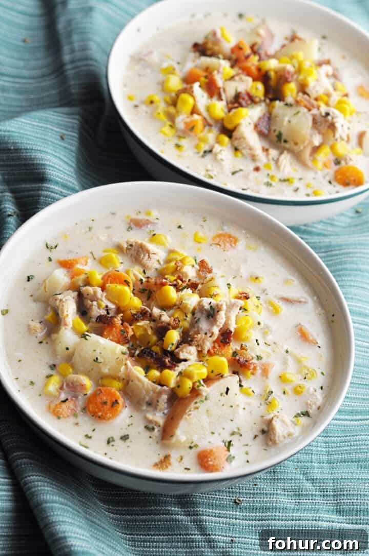 Slow Cooker Chicken and Corn Soup Recipe 5 Potato chowder with chicken and corn in bowl