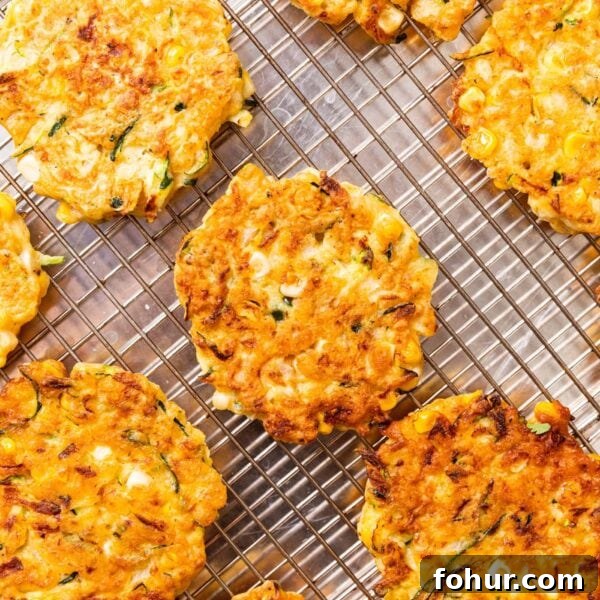 Crispy Zucchini and Sweet Corn Fritters 14 Round browned zucchini and corn fritters sitting on wire cooling rack after coming out of the cooker with browned edges.