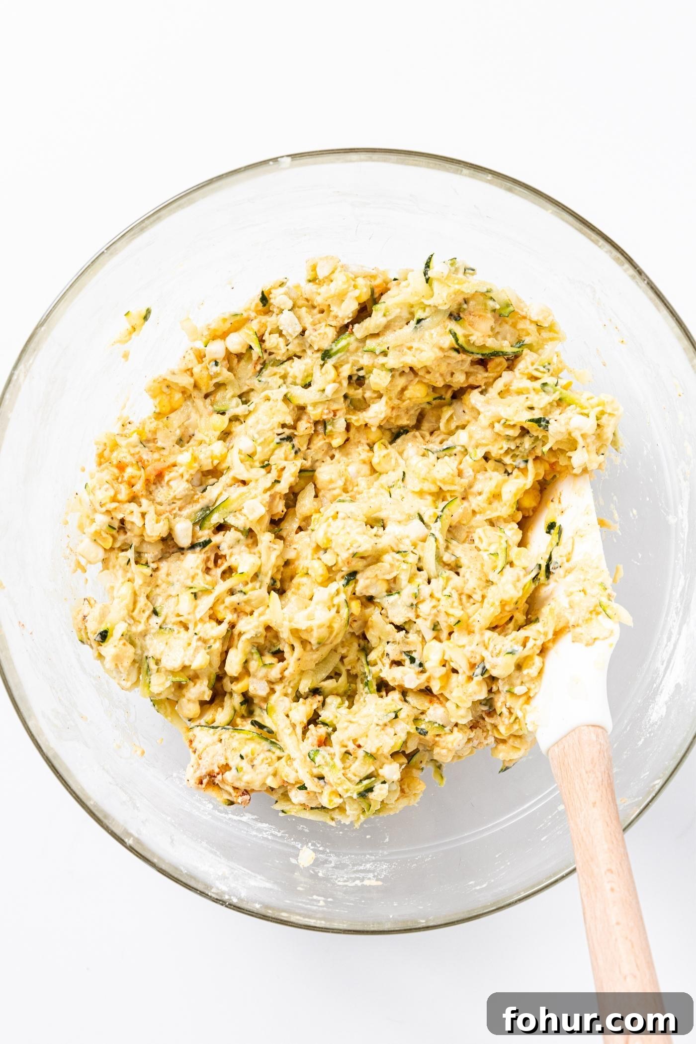 Crispy Zucchini and Sweet Corn Fritters 7 Glass bowl on white countertop with mixture of fritter batter with whisk resting on side of bowl.