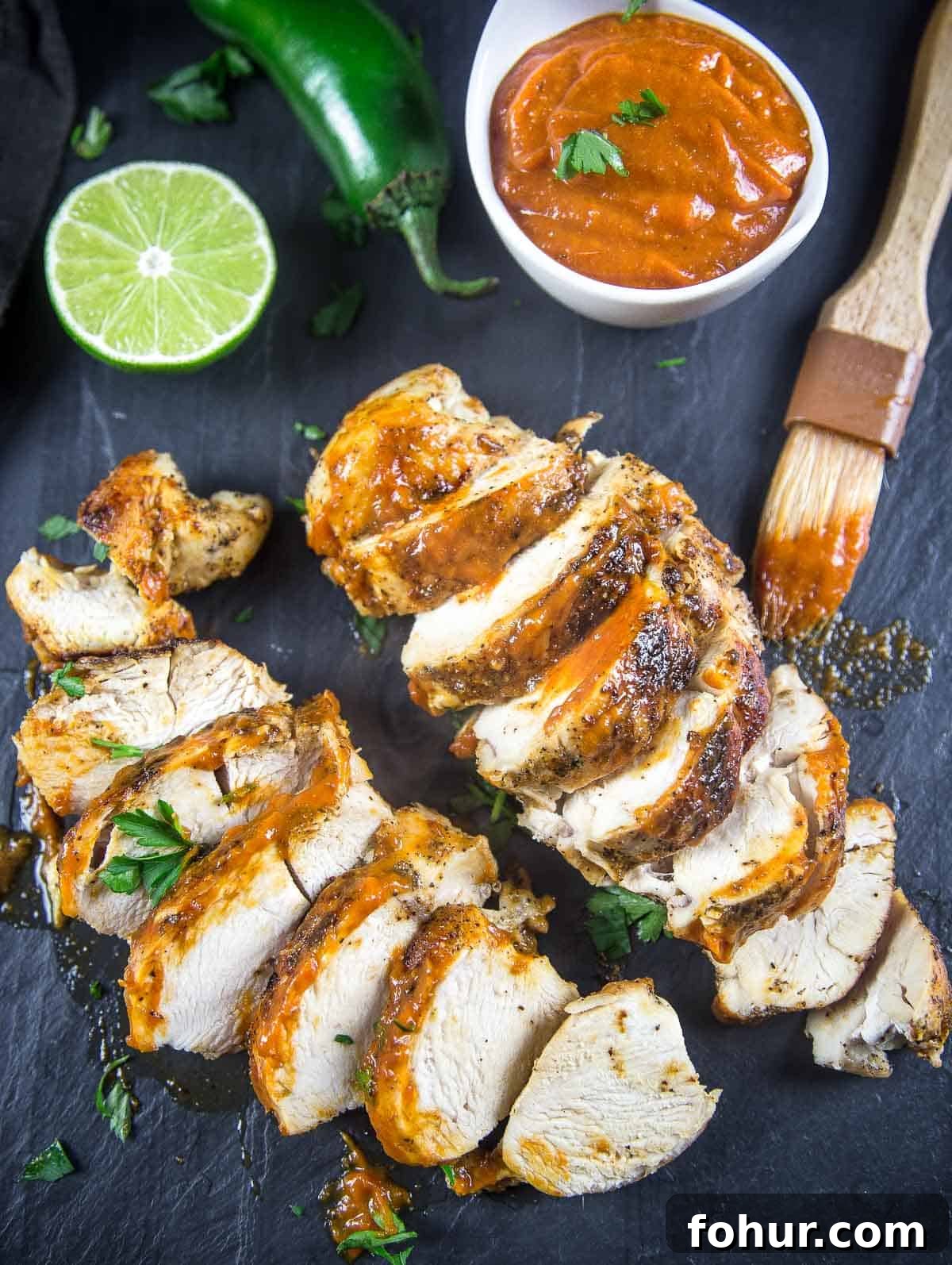Jalapeño Mango BBQ Sauce (no added sugar) With Grilled Chicken Mango Jalapeno BBQ Sauce drizzled over slices of grilled chicken