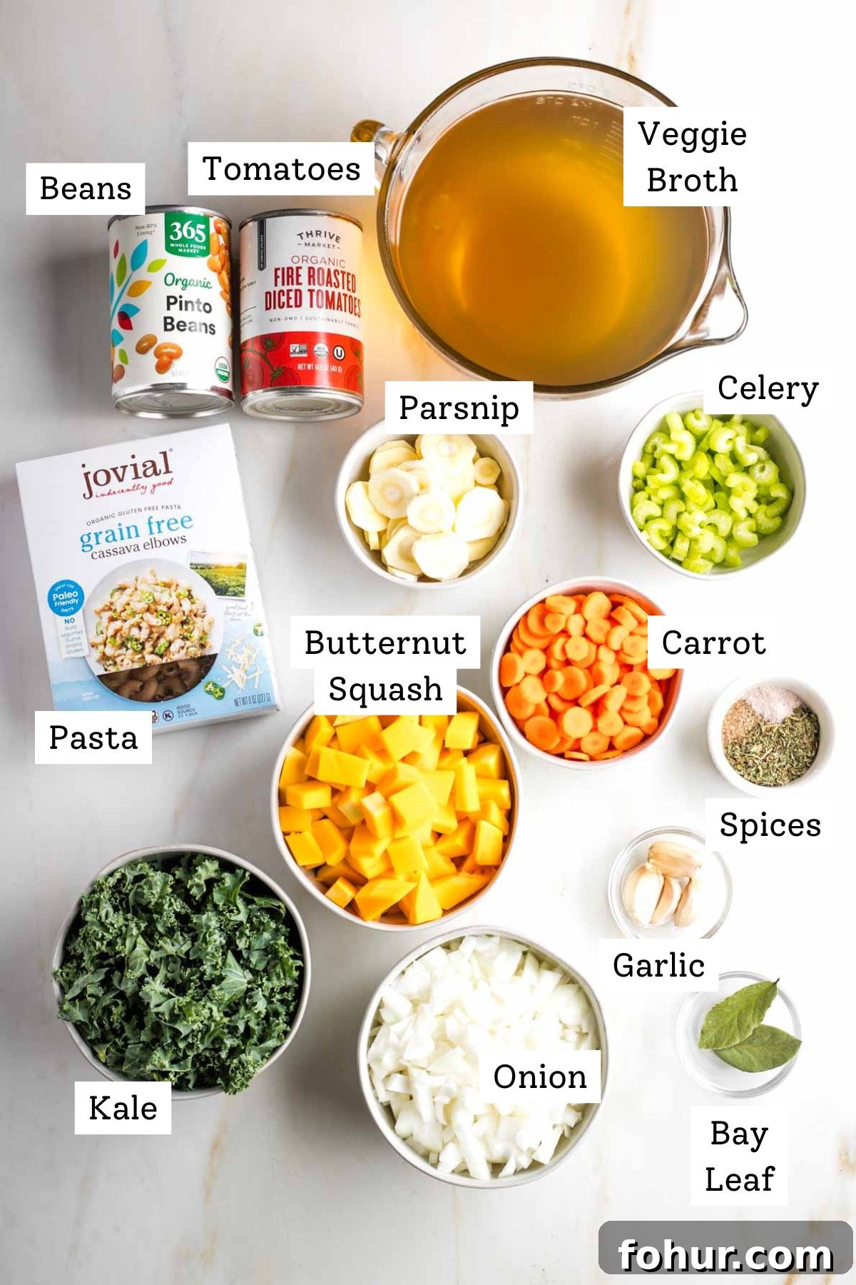 Vegan Fall Minestrone Soup with Roasted Autumn Vegetables 3 Labeled ingredients: vegegie broth, canned beans and tomatoes, celery, carrot, parsnip, butternut squash, kale, spices, garlic pasta.