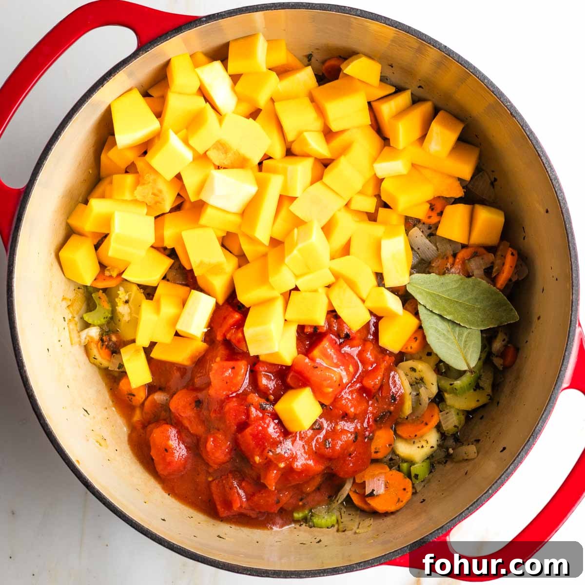 Vegan Fall Minestrone Soup with Roasted Autumn Vegetables 8 Diced butternut squash and canned tomatoes plus bay leaves in a dutch oven with sauteed veggies.