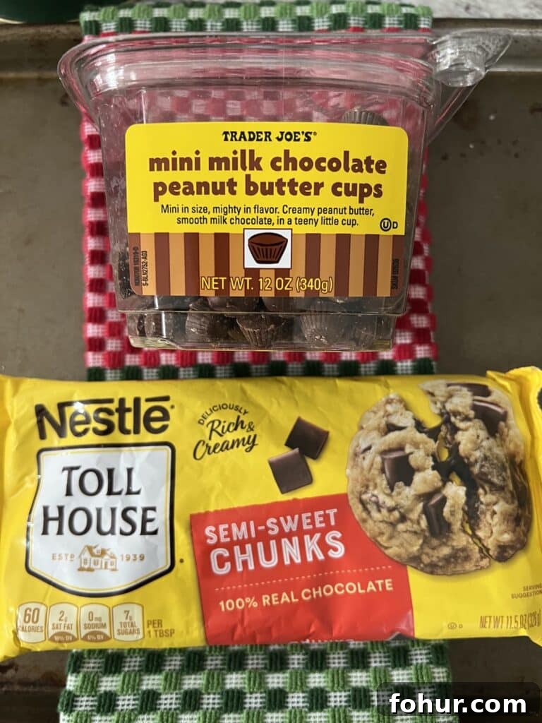 Chocolate Chip Cookies with Peanut Butter Cups, Sea Salt and Nuts 5 Overhead view of brands of peanut butter cups and chocolate chunks use in recipe.