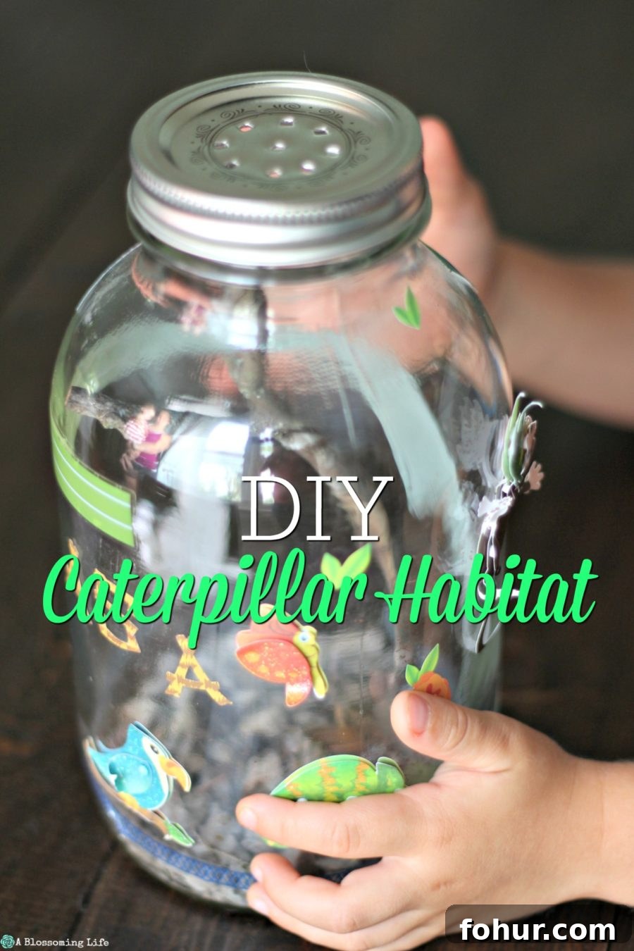 DIY Caterpillar Habitat with child hands - great fall activity for preschoolers