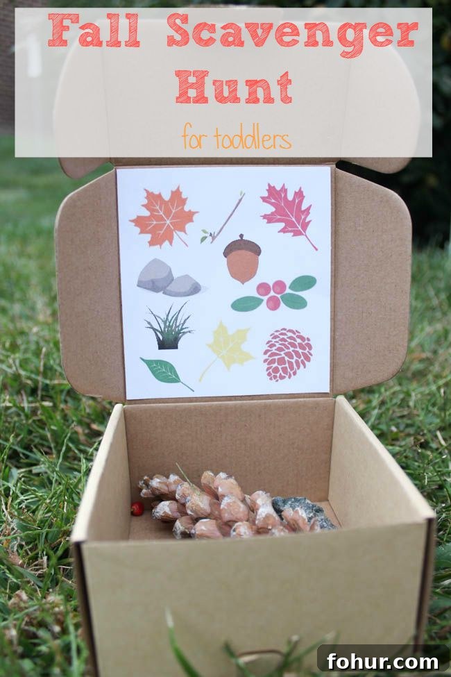 box of natural items for a fall scavenger hunt