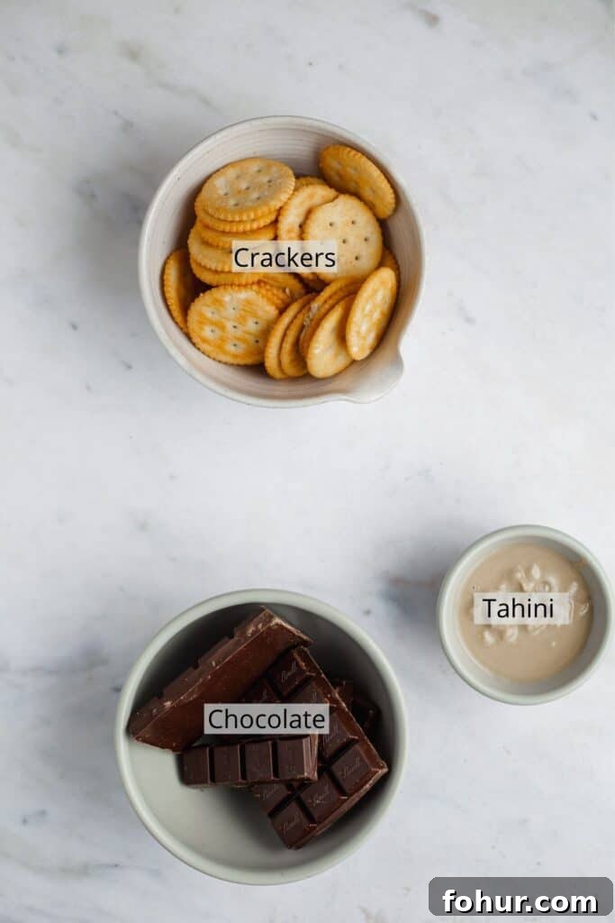 dark chocolate chopped in a bowl, ritz crackers in a bowl, and a small with tahini on a marble counter.