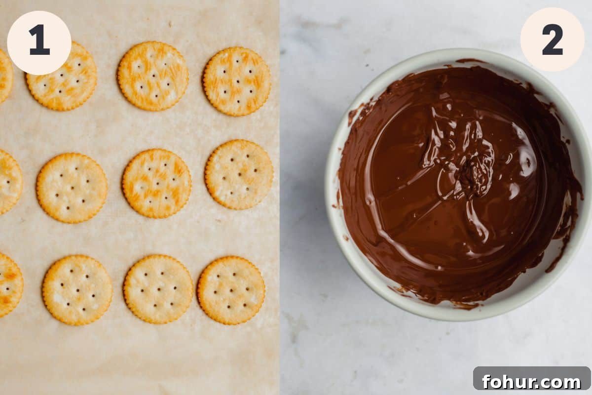 ritz crackers on parchment paper and a small bowl with melted chocolate.