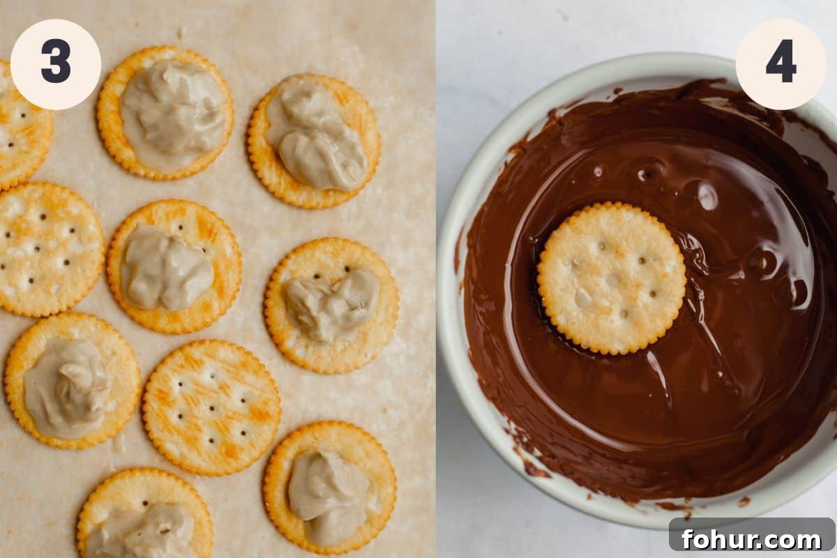 ritz crackers with a dollop of tahini on it and a small bowl of melted chocolate.