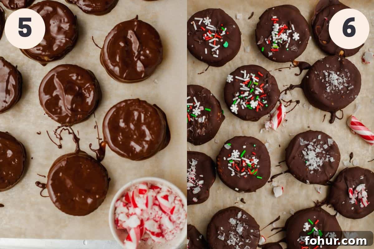 dipped crackers crackers drying on parchment paper, then the dried chocolate sandwich cookies topped with sprinkles.