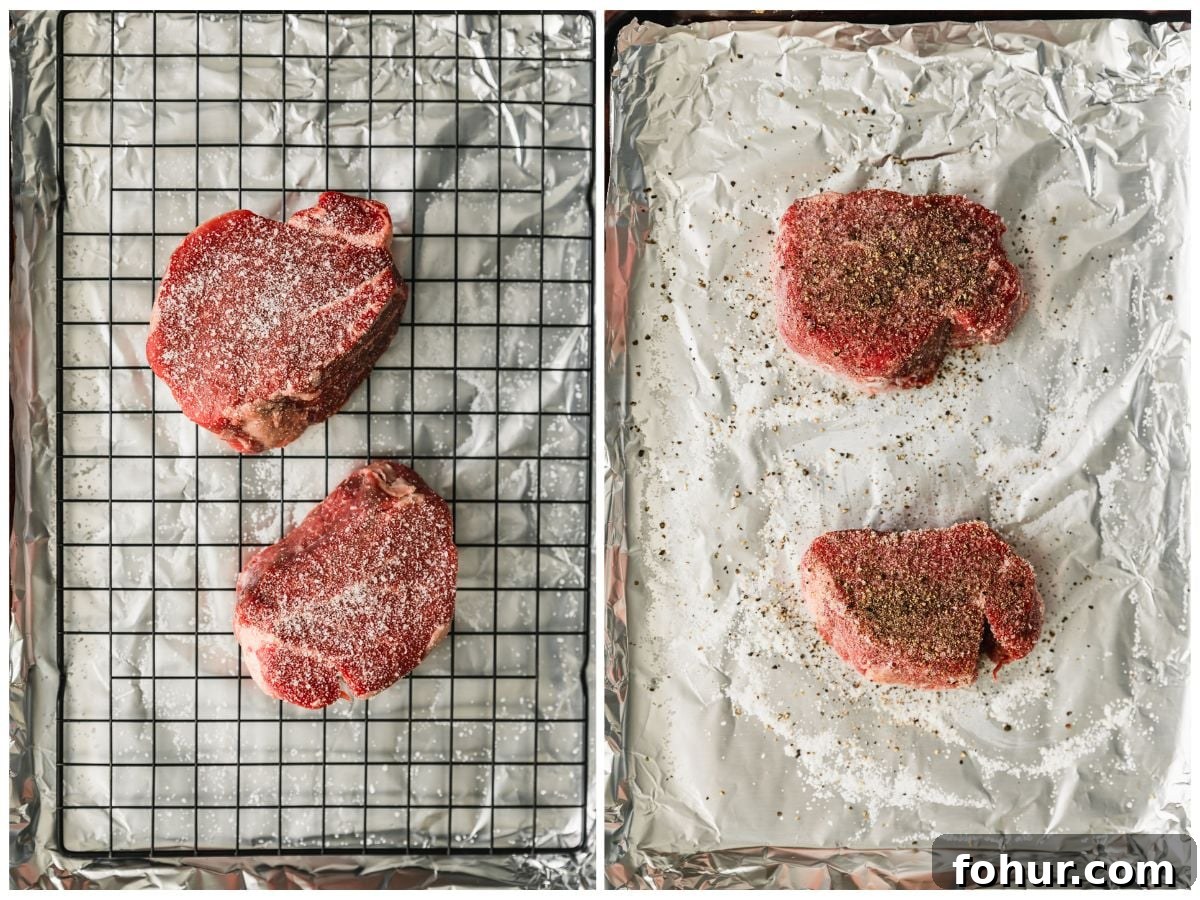 Reverse-Sear Filet Mignon Recipe with Creamy Peppercorn Sauce 3 Two steps to seasoning steak. In photo 1, steaks are coated with salt on a wire rack. In photo 2, the steaks have pepper on them.