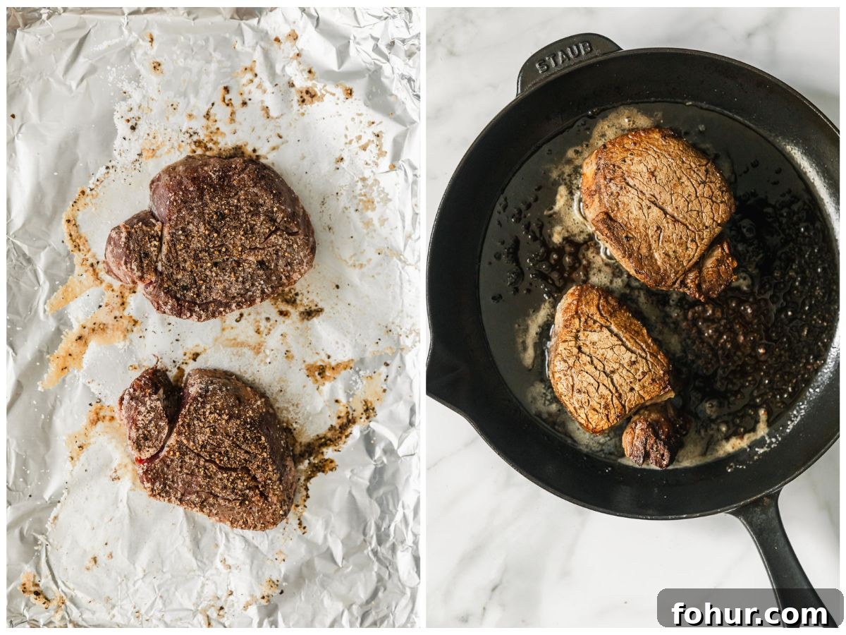 Reverse-Sear Filet Mignon Recipe with Creamy Peppercorn Sauce 4 Two steps to reverse searing steaks. In photo 1, the steaks are baked. In photo 2, they're being seared in a cast iron skillet