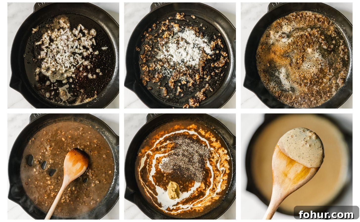 Reverse-Sear Filet Mignon Recipe with Creamy Peppercorn Sauce 5 Six steps to making brandy peppercorn sauce. In photo 1, shallots are cooking in a cast iron skillet. In photo 2, the shallots are topped with flour. In photo 3, the pan has brandy in it. In photo 4, a wood spoon is stirring beef broth into the sauce. In photo 5, the sauce has cream, Dijon, and peppercorns. In photo 6, a wood spoon is coated in the sauce.