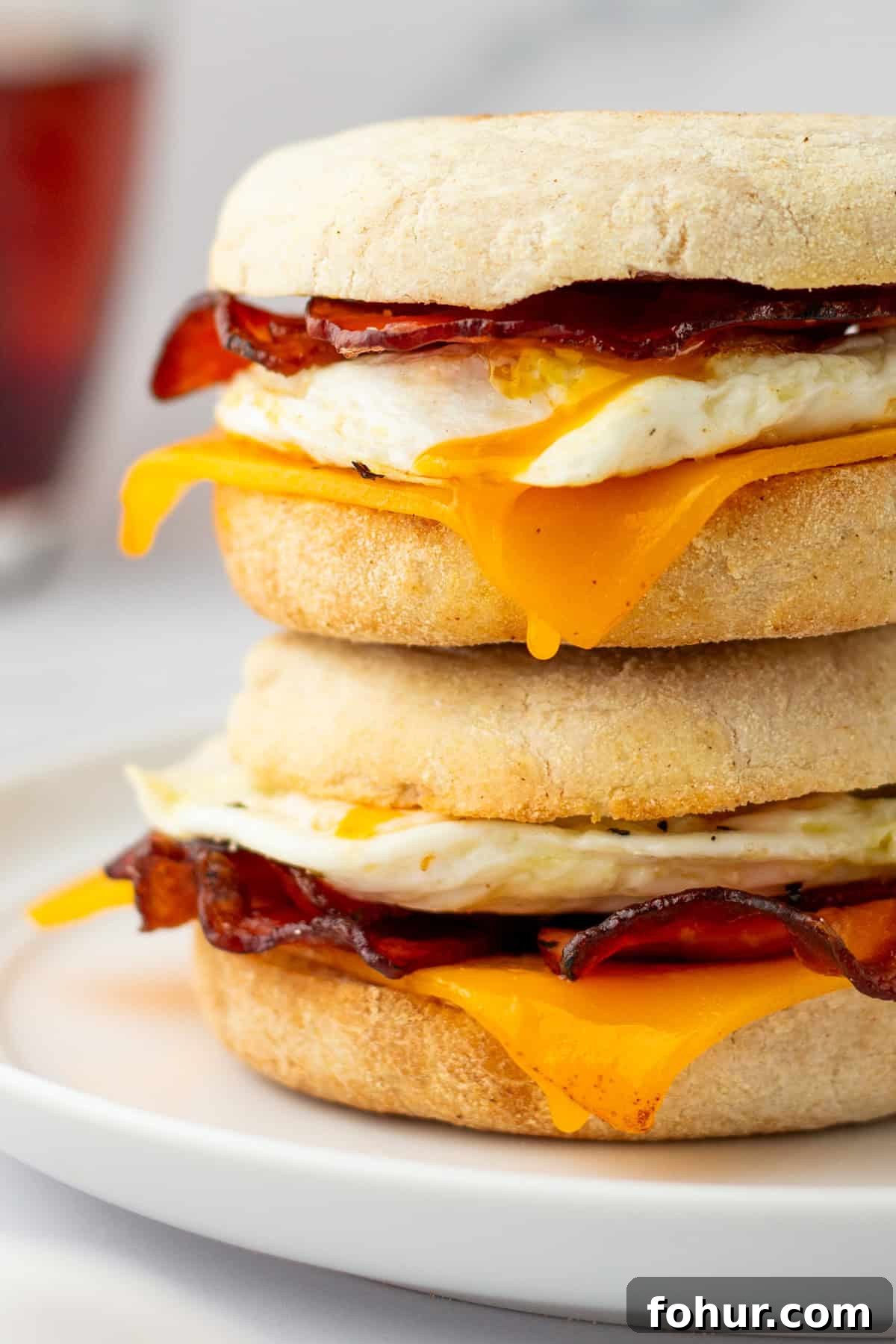 Crispy English Muffin Breakfast Sandwich with Egg and Cheese 2 Two breakfast sandwiches with eggs, cheddar cheese, and bacon on English muffins are stacked on a white plate.
