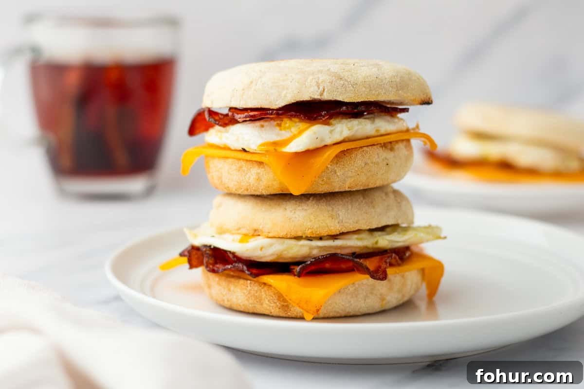 Crispy English Muffin Breakfast Sandwich with Egg and Cheese 6 Two breakfast sandwiches stacked on a white plate, each with English muffins, cheddar cheese, egg, and bacon; a glass of iced coffee is in the background.