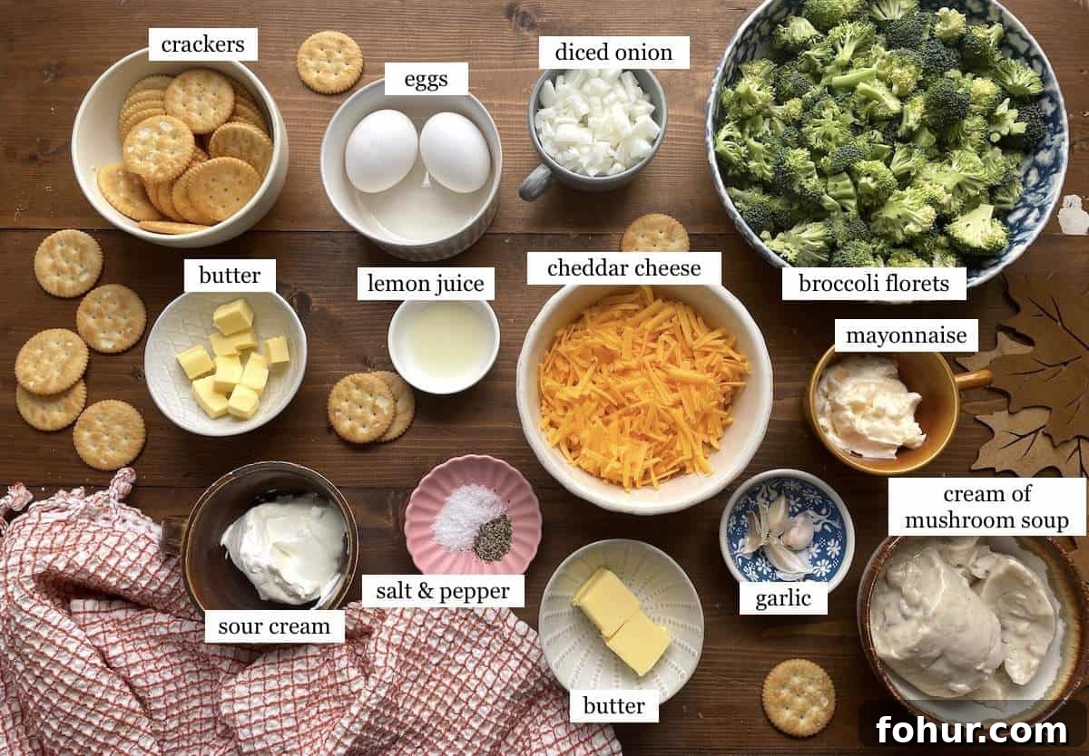 Creamy Southern Broccoli Casserole Recipe 4 The ingredients in broccoli casserole, laid out and labeled.
