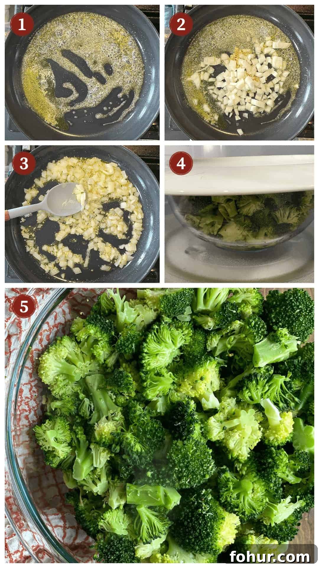 Creamy Southern Broccoli Casserole Recipe 6 A collage of images showing how to make broccoli casserole, steps 1-5.
