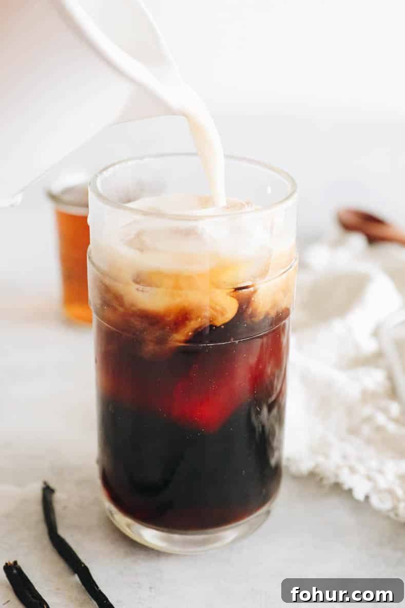 vanilla sweet cream cold brew in a large glass.