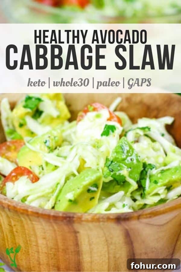 Avocado Cabbage Slaw Recipe: Low-Carb Paleo Whole30 Video 5 The BEST Avocado Cabbage Slaw - crunchy raw cabbage, seasonal tomatoes and creamy avocados make the best slaw. It's paleo, whole30 and keto too! #lowcarb #rawcabbage