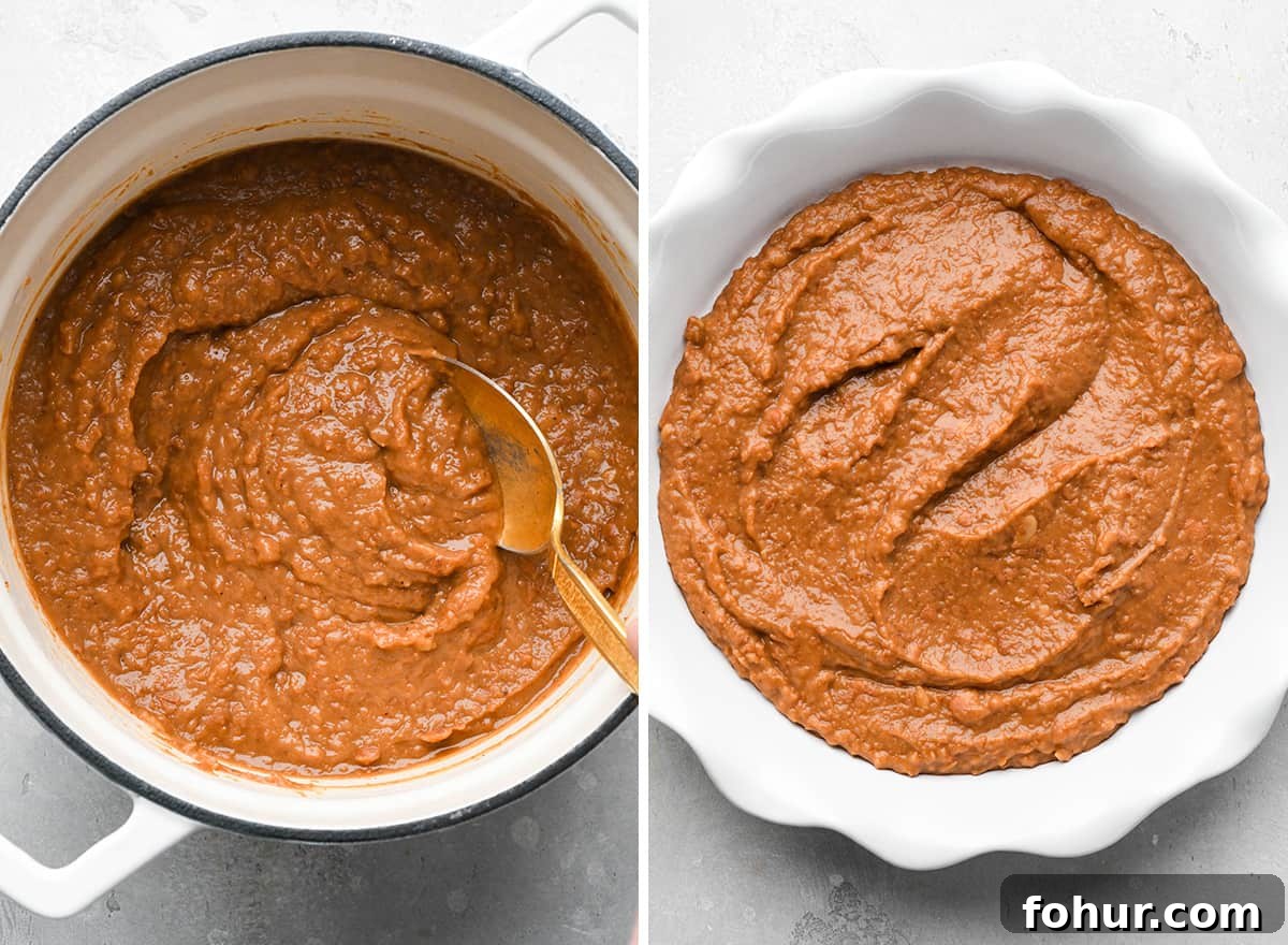 Authentic Mexican Seven Layer Dip Recipe 6 two photos showing spreading refried beans into a pie dish to make this Mexican 7 Layer Dip Recipe